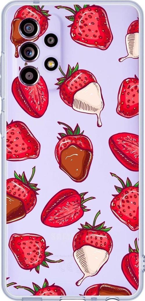 Galaxy A52 Uyumlu Çikolatalı Çilek Desenli Premium Şeffaf Silikonlu Telefon Kılıfı