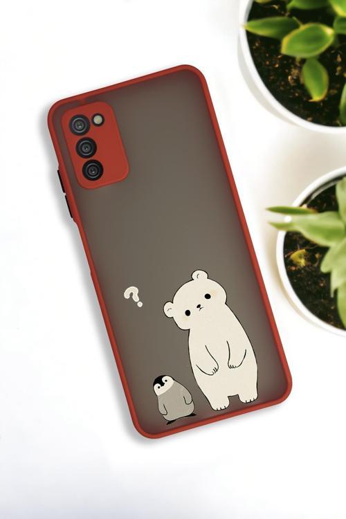 Samsung A03S Uyumlu Penguen Ve Ayıcık Desenli Buzlu Şeffaf Lüx Telefon Kılıfı
