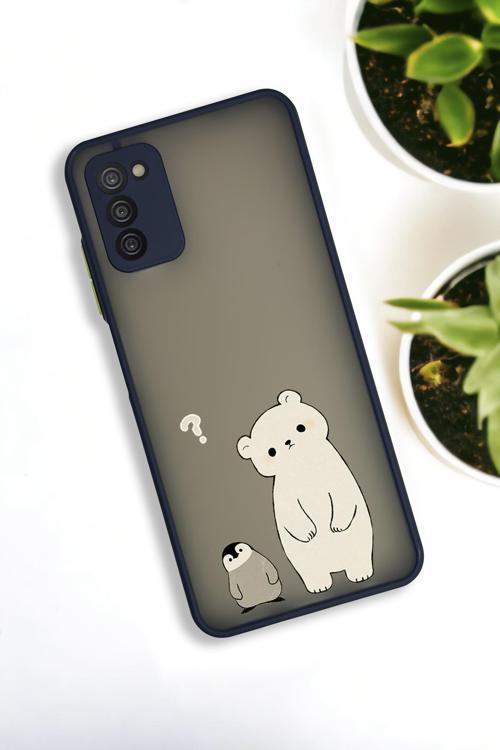 Samsung A03S Uyumlu Penguen Ve Ayıcık Desenli Buzlu Şeffaf Lüx Telefon Kılıfı
