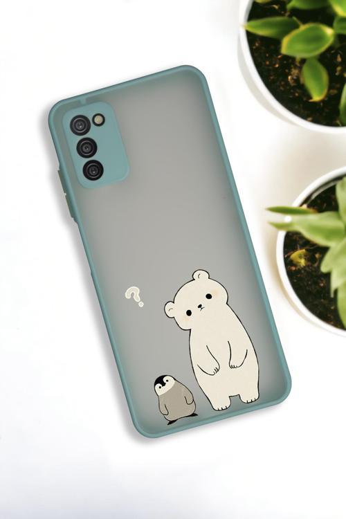 Samsung A03S Uyumlu Penguen Ve Ayıcık Desenli Buzlu Şeffaf Lüx Telefon Kılıfı