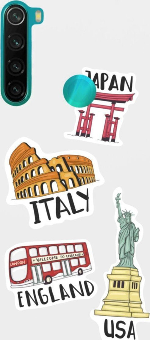 Xiaomi Redmi Note 8 Sticker Ülkeler Tasarımlı Premium Silikonlu Lansman Beyaz Telefon Kılıfı