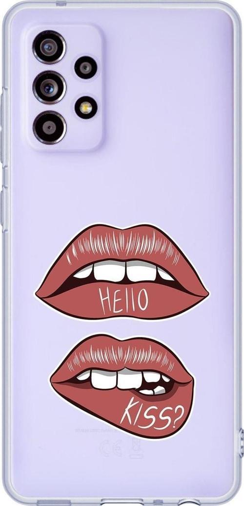 Galaxy A52 Uyumlu Hello Kiss Desenli Premium Şeffaf Silikonlu Telefon Kılıfı