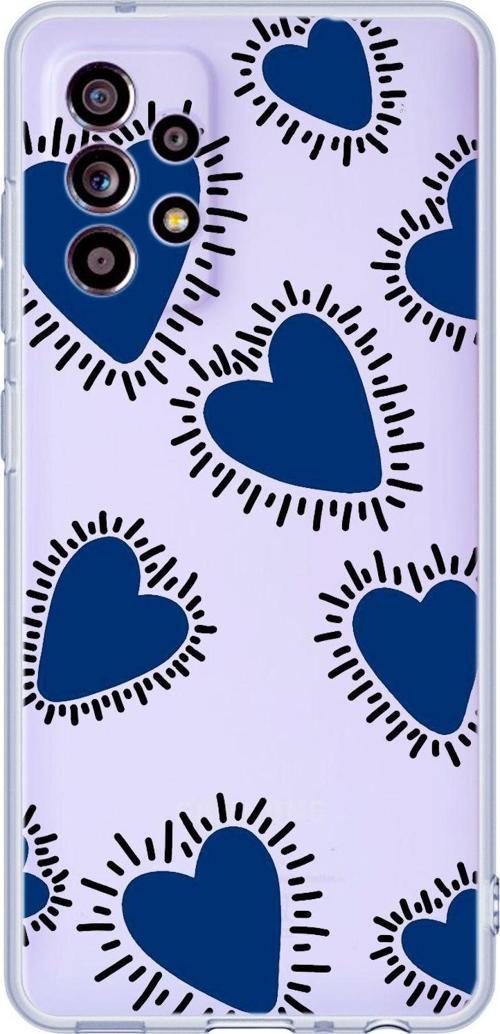 Galaxy A13 Uyumlu Çizgili Mavi Kalpler Desenli Şeffaf Silikonlu Telefon Kılıfı