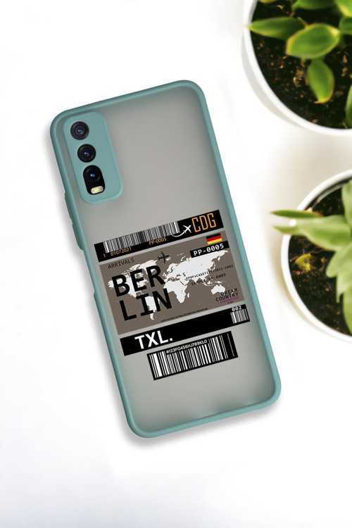 Vivo Y20 Uyumlu Berlin Ticket Desenli Buzlu Şeffaf Lüx Telefon Kılıfı