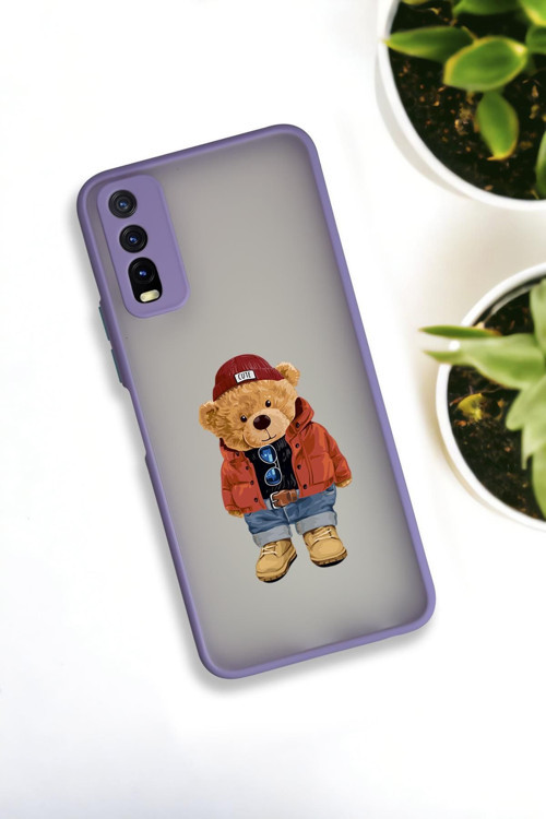 Vivo Y20 Uyumlu Teddy Bear Desenli Buzlu Şeffaf Lüx Telefon Kılıfı