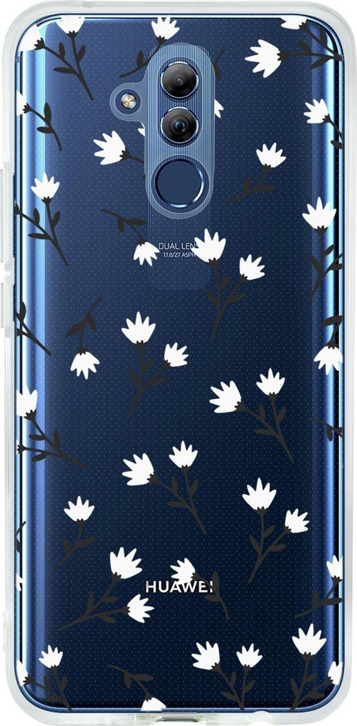 Huawei Mate 20 Lite Uyumlu Beyaz Çiçekler Desenli Premium Şeffaf Silikon Kılıf