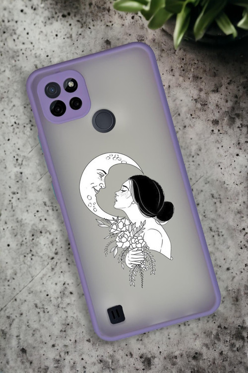 Realme C21 Uyumlu Moon And Women Desenli Buzlu Şeffaf Lüx Telefon Kılıfı