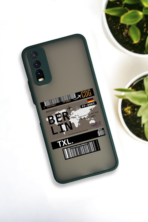 Vivo Y20 Uyumlu Berlin Ticket Desenli Buzlu Şeffaf Lüx Telefon Kılıfı