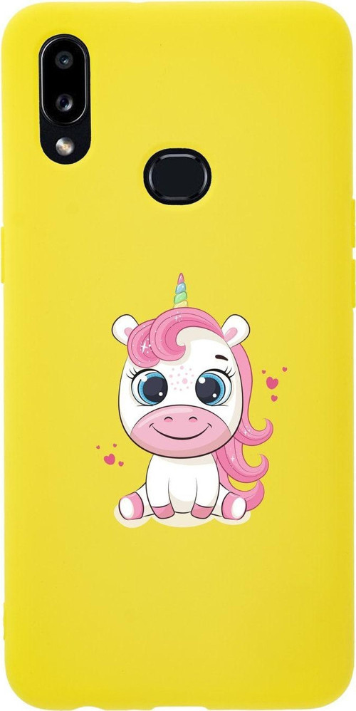 Samsung A10S Pembe Unicorn Premium Silikonlu Sarı Telefon Kılıfı
