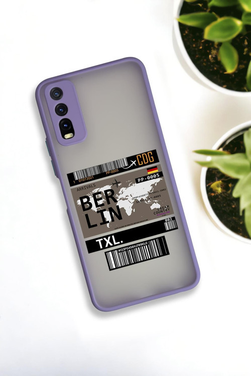 Vivo Y20 Uyumlu Berlin Ticket Desenli Buzlu Şeffaf Lüx Telefon Kılıfı