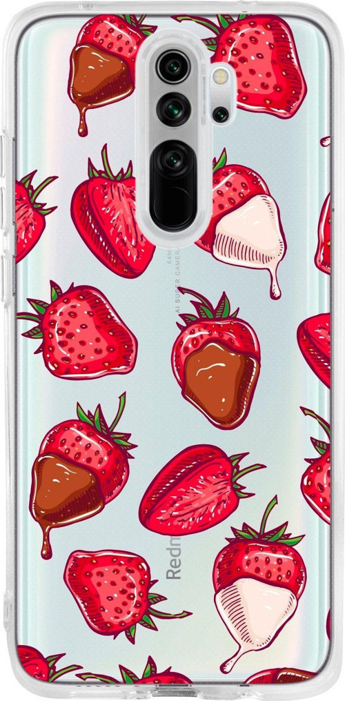 Redmi Note 8 Pro Uyumlu Çikolatalı Çilek Tasarımlı Premium Şeffaf Silikon Kılıf