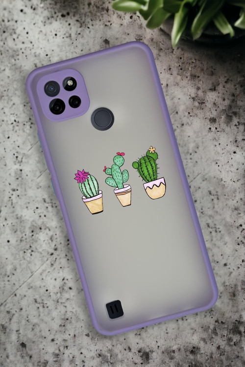 Realme C21 Uyumlu Üçlü Kaktüs Desenli Buzlu Şeffaf Lüx Telefon Kılıfı