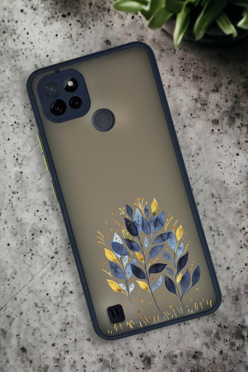 Realme C21 Uyumlu Mavi Yaprak Desenli Buzlu Şeffaf Lüx Telefon Kılıfı