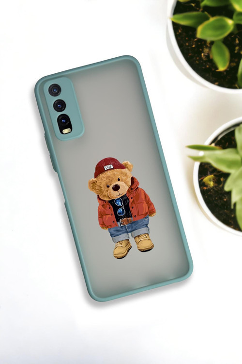 Vivo Y20 Uyumlu Teddy Bear Desenli Buzlu Şeffaf Lüx Telefon Kılıfı