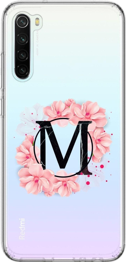 Redmi Note 8 Uyumlu Pembe Çiçek Desen M Harfli Şeffaf Kılıf