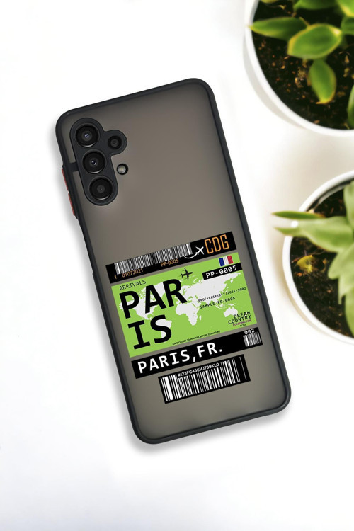 Samsung A13 Uyumlu Paris Ticket Desenli Buzlu Şeffaf Lüx Telefon Kılıfı