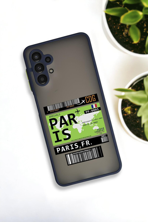 Samsung A13 Uyumlu Paris Ticket Desenli Buzlu Şeffaf Lüx Telefon Kılıfı