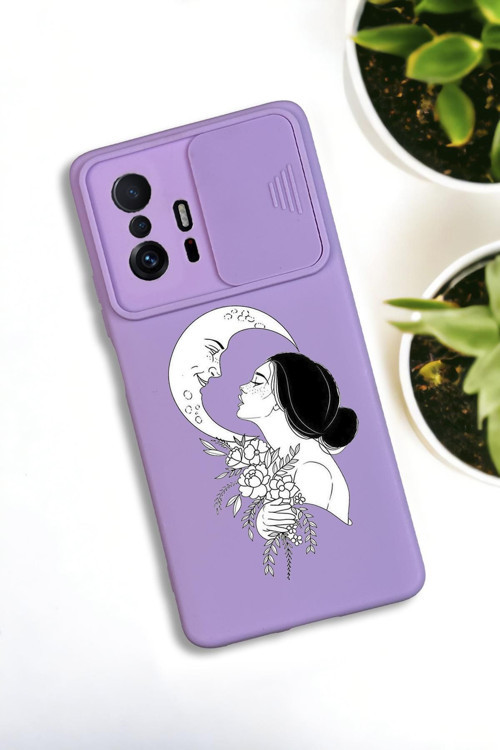Xiaomi 11T Uyumlu Moon And Women Desenli Kamera Koruma Slider Kapaklı Silikonlu Telefon Kılıfı