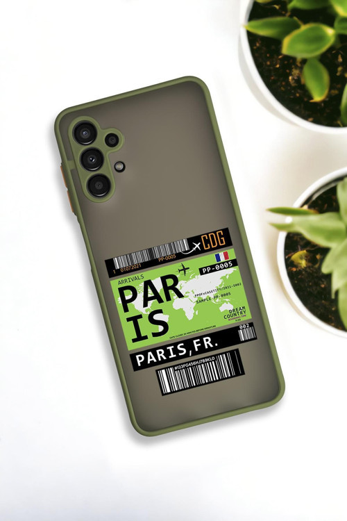 Samsung A13 Uyumlu Paris Ticket Desenli Buzlu Şeffaf Lüx Telefon Kılıfı