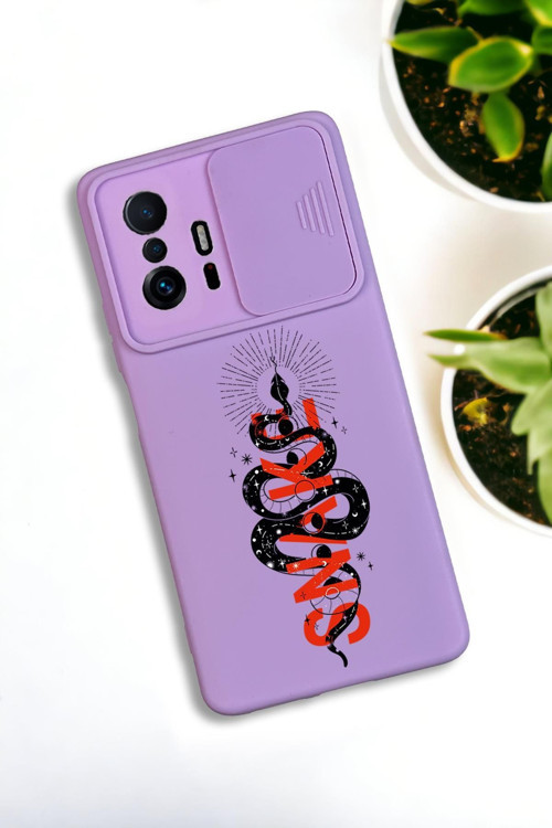 Xiaomi 11T Uyumlu Snake Desenli Kamera Koruma Slider Kapaklı Silikonlu Telefon Kılıfı