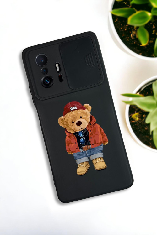 Xiaomi 11T Uyumlu Teddy Bear Desenli Kamera Koruma Slider Kapaklı Silikonlu Telefon Kılıfı