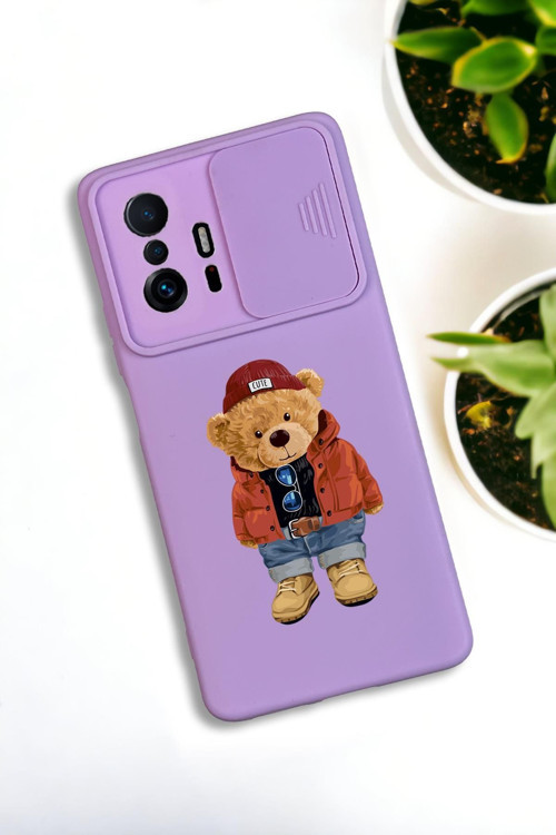 Xiaomi 11T Uyumlu Teddy Bear Desenli Kamera Koruma Slider Kapaklı Silikonlu Telefon Kılıfı