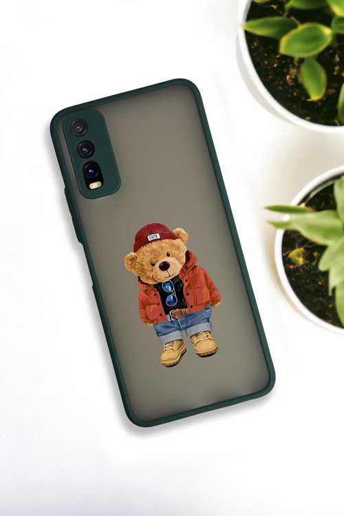 Vivo Y20 Uyumlu Teddy Bear Desenli Buzlu Şeffaf Lüx Telefon Kılıfı