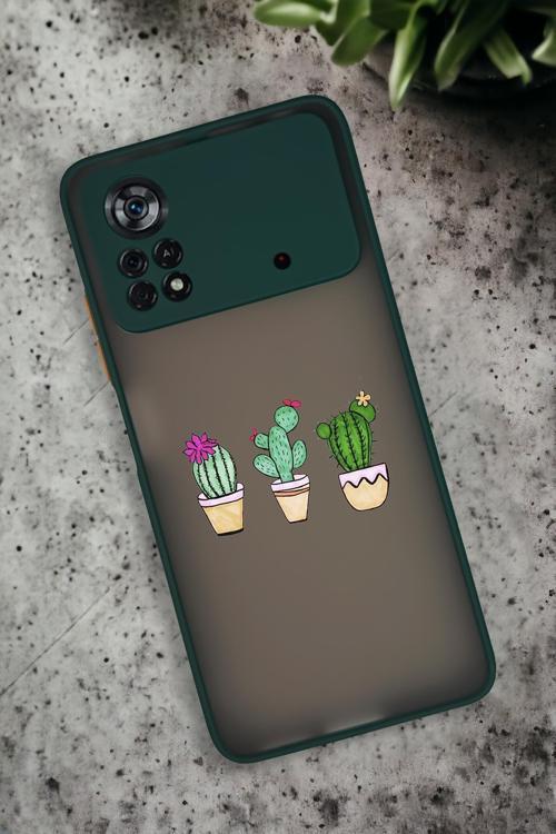 Poco X4 Pro Uyumlu Üçlü Kaktüs Desenli Buzlu Şeffaf Lüx Telefon Kılıfı