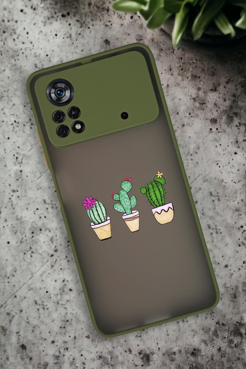 Poco X4 Pro Uyumlu Üçlü Kaktüs Desenli Buzlu Şeffaf Lüx Telefon Kılıfı