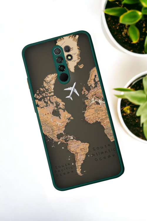 Xiaomi Redmi 9 Uyumlu Dünya Harita Desenli Buzlu Şeffaf Lüx Telefon Kılıfı