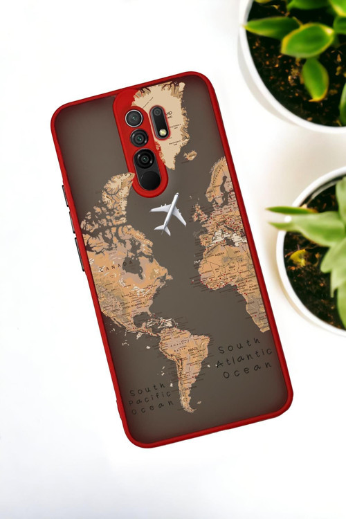 Xiaomi Redmi 9 Uyumlu Dünya Harita Desenli Buzlu Şeffaf Lüx Telefon Kılıfı