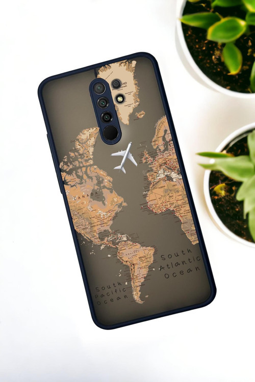 Xiaomi Redmi 9 Uyumlu Dünya Harita Desenli Buzlu Şeffaf Lüx Telefon Kılıfı