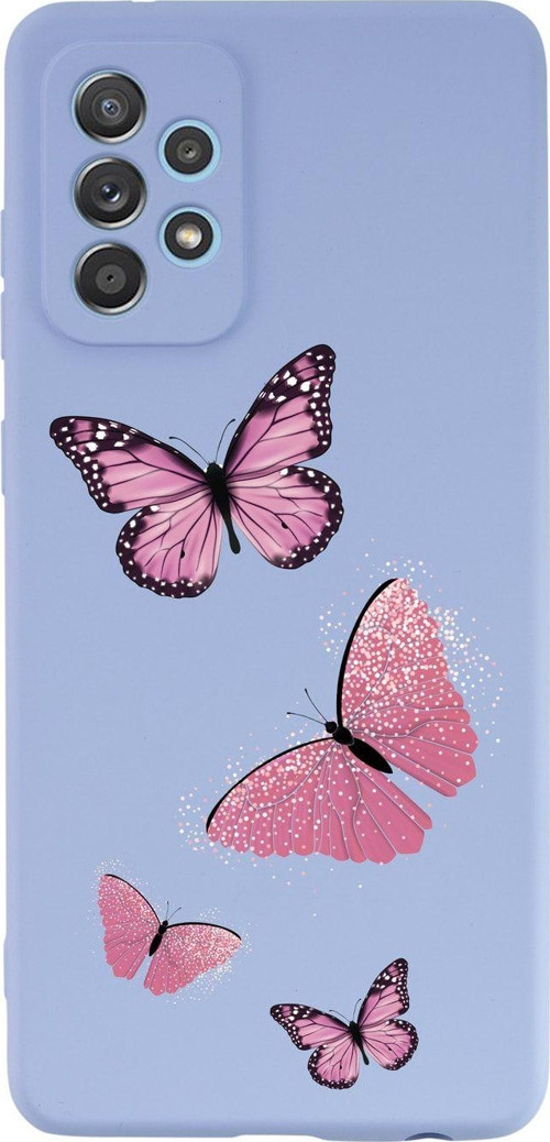 Samsung A32 Pembe Kelebekler Premium Silikonlu Lila Telefon Kılıfı