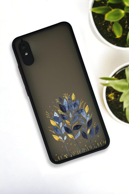 Xiaomi Redmi 9A Uyumlu Mavi Yaprak Desenli Buzlu Şeffaf Lüx Telefon Kılıfı