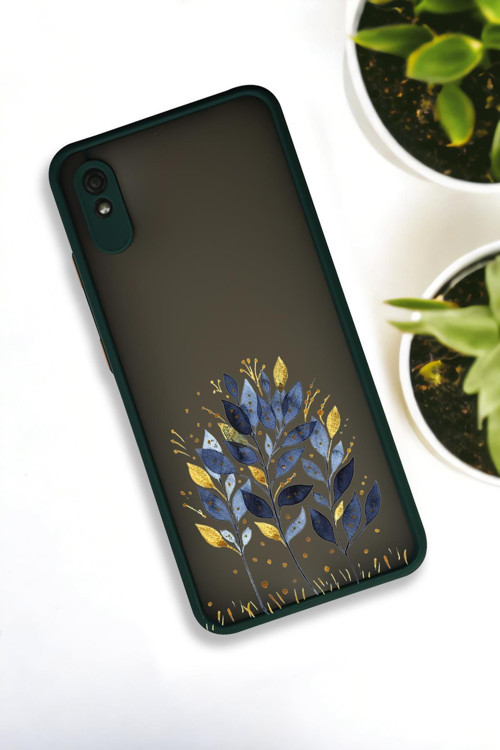 Xiaomi Redmi 9A Uyumlu Mavi Yaprak Desenli Buzlu Şeffaf Lüx Telefon Kılıfı