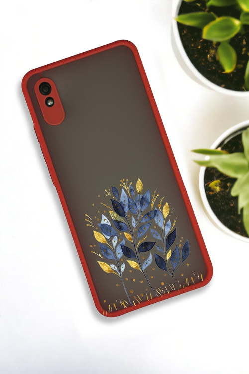 Xiaomi Redmi 9A Uyumlu Mavi Yaprak Desenli Buzlu Şeffaf Lüx Telefon Kılıfı