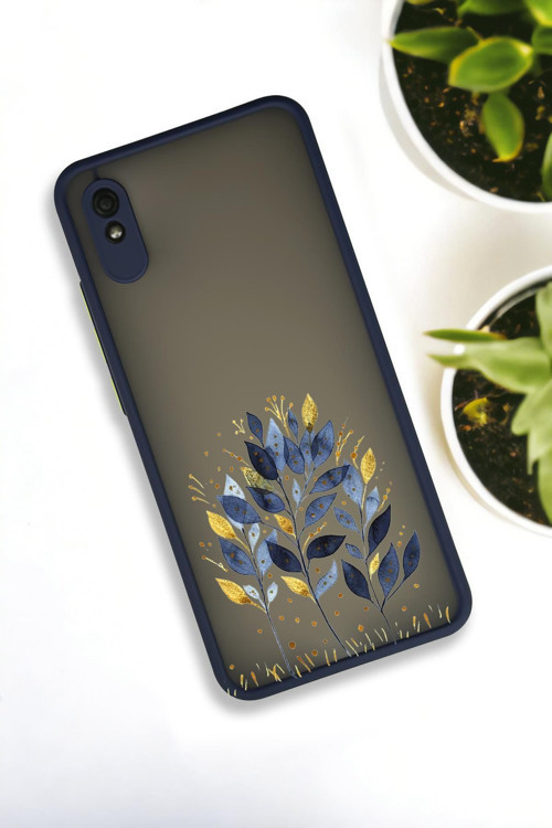 Xiaomi Redmi 9A Uyumlu Mavi Yaprak Desenli Buzlu Şeffaf Lüx Telefon Kılıfı