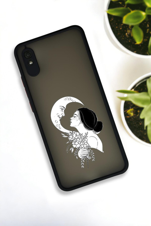 Xiaomi Redmi 9A Uyumlu Moon And Women Desenli Buzlu Şeffaf Lüx Telefon Kılıfı