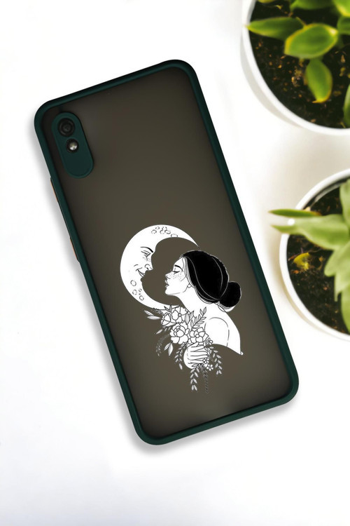 Xiaomi Redmi 9A Uyumlu Moon And Women Desenli Buzlu Şeffaf Lüx Telefon Kılıfı
