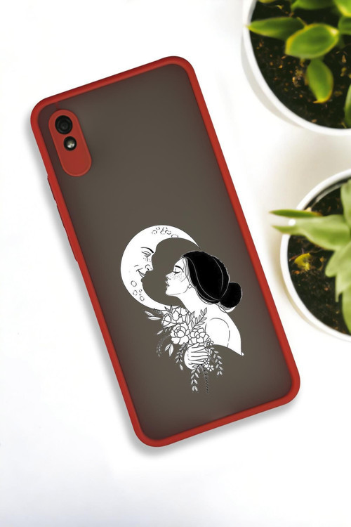 Xiaomi Redmi 9A Uyumlu Moon And Women Desenli Buzlu Şeffaf Lüx Telefon Kılıfı
