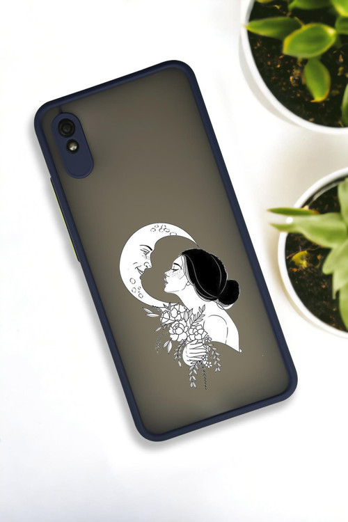 Xiaomi Redmi 9A Uyumlu Moon And Women Desenli Buzlu Şeffaf Lüx Telefon Kılıfı