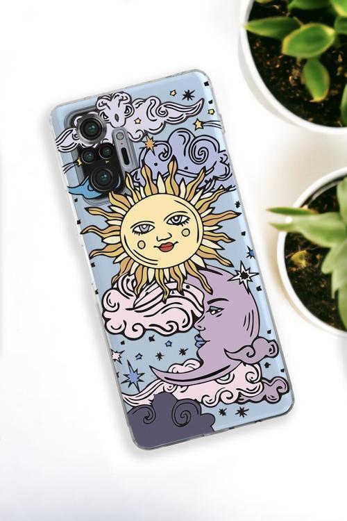 Xiaomi Redmi Note 10 Pro Uyumlu Güneş Ay Desenli Premium Silikonlu Şeffaf Telefon Kılıfı