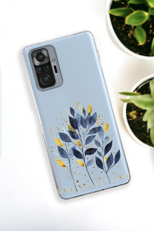 Xiaomi Redmi Note 10 Pro Uyumlu Mavi Yaprak Desenli Premium Silikonlu Şeffaf Telefon Kılıfı