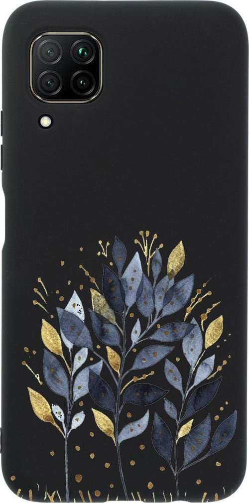 Huawei P40 Lite Mavi Yaprak Desenli Premium Silikonlu Siyah Telefon Kılıfı
