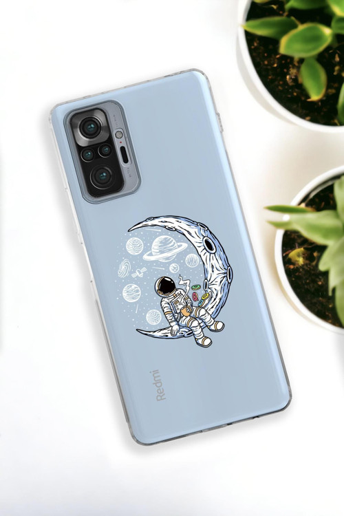 Xiaomi Redmi Note 10 Pro Uyumlu Keyifli Astronot Desenli Premium Silikonlu Şeffaf Telefon Kılıfı