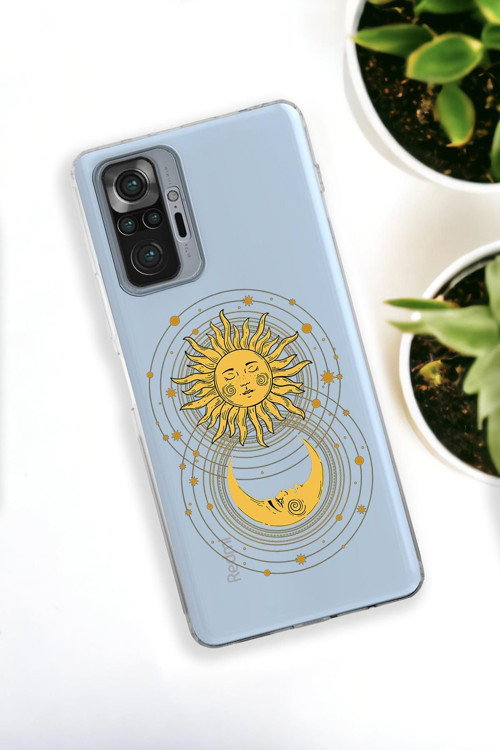 Xiaomi Redmi Note 10 Pro Uyumlu Moon And Sun Desenli Premium Silikonlu Şeffaf Telefon Kılıfı
