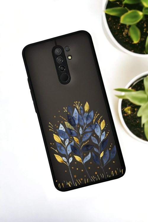Xiaomi Redmi 9 Uyumlu Mavi Yaprak Desenli Buzlu Şeffaf Lüx Telefon Kılıfı