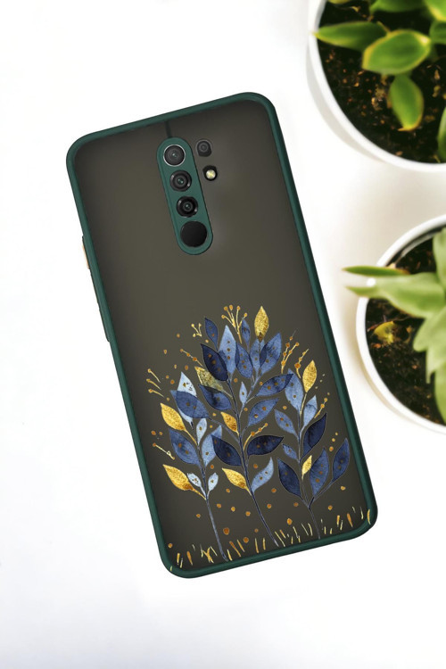 Xiaomi Redmi 9 Uyumlu Mavi Yaprak Desenli Buzlu Şeffaf Lüx Telefon Kılıfı