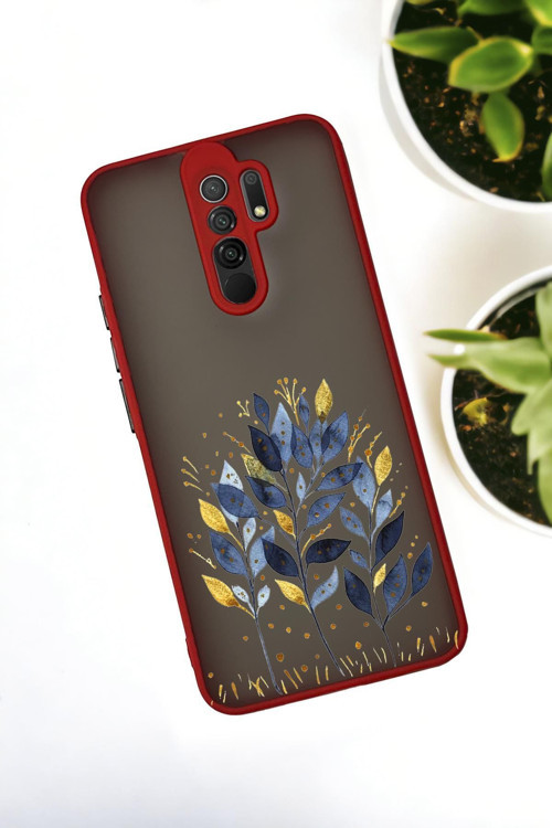 Xiaomi Redmi 9 Uyumlu Mavi Yaprak Desenli Buzlu Şeffaf Lüx Telefon Kılıfı