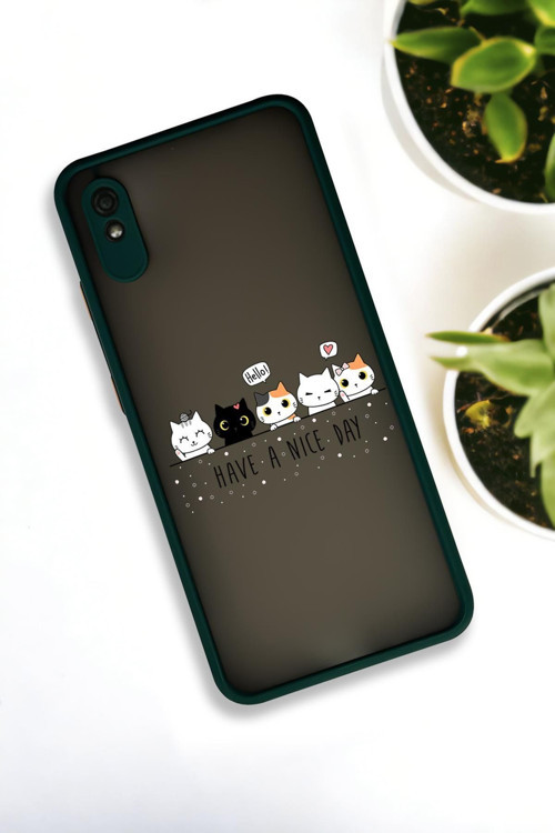 Xiaomi Redmi 9A Uyumlu Şirin Kedicikler Desenli Buzlu Şeffaf Lüx Telefon Kılıfı